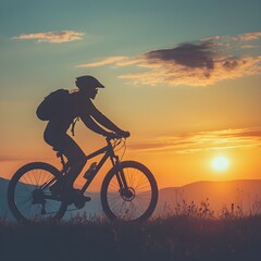 Fototapeta premium Rider’s Shadow Pedaling Bicycle in a Beautiful Evening Landscape