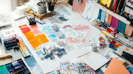 A messy art table with paintbrushes, paint, and paper.
