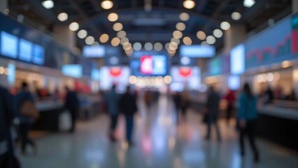 Blur, defocused background of public exhibition hall. Business tradeshow, job fair, or stock market. Organization or company event, commercial trading, or shopping mall marketing advertisement concept