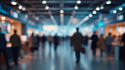 Blur, defocused background of public exhibition hall. Business tradeshow, job fair, or stock market. Organization or company event, commercial trading, or shopping mall marketing advertisement concept
