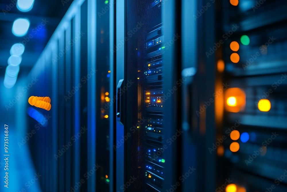 Aufkleber rows of servers in a data center with blinking lights. concept of technology, networking, internet, 