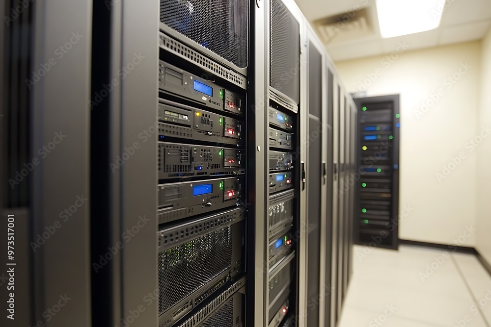 Poster server room with rows of black servers in a data center