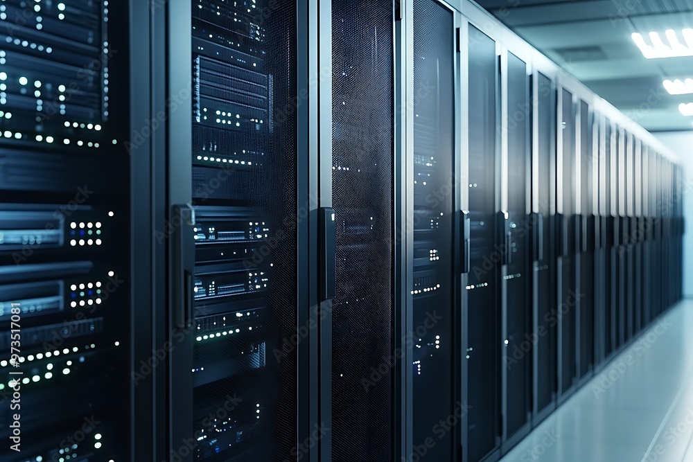 Poster data center server room with racks of computers