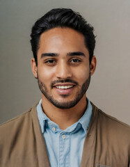 Fototapeta premium Portrait of a Handsome Man Smiling Confidently at the Camera, Capturing His Warm Expression and Positive Energy in a Close-Up Shot with Natural Lighting and a Vibrant Background