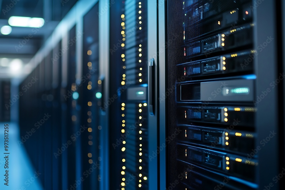 Poster close up of server rack in data center with blinking lights