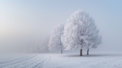 Obraz premium Trees covered in fog and hoarfrost in a winter landscape