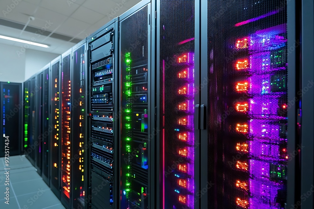 Poster row of illuminated server racks in modern data center. network, technology, internet, cybersecurity 