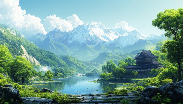 View of high mountains and the skyline. Generative AI