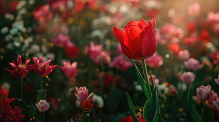 Obraz premium Tulip in red on flowery garden backdrop