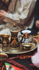 Beautifully arranged traditional Saudi coffee cups on a decorative tray with intricate design. Showcasing cultural elegance