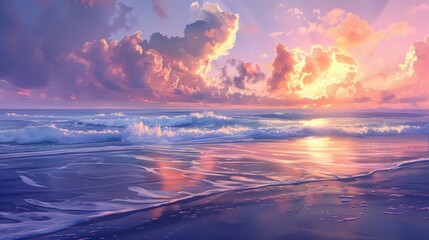 Fototapeta premium Twilight beach waves in the sky