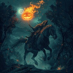 A mysterious figure on horseback rides through a dark forest, holding a flaming jack-o'-lantern aloft.