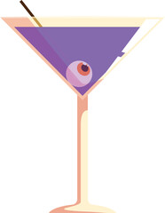 Spooky halloween cocktail is being mixed in a martini glass with an eyeball floating inside