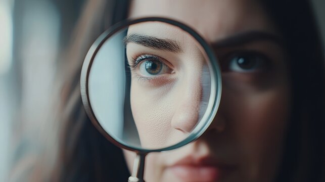 Focused magnifying glass over blurred human portrait, minimalist background with hidden clues, concept of investigation, discovery, and identity search. 