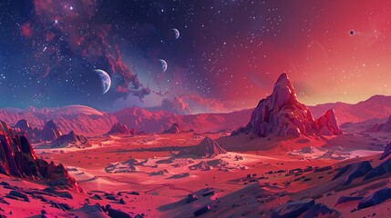 A crimson alien landscape with a starry sky and distant planets
