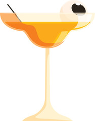 Halloween cocktail glass with spooky eyeball and straw is standing on white background