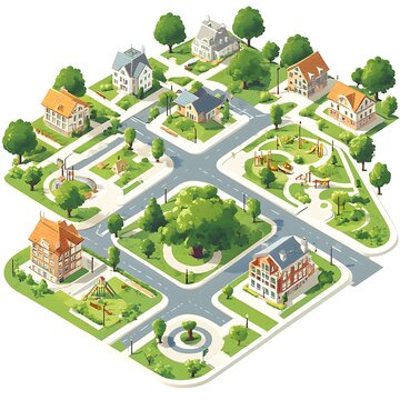 Isometric view of a small town with houses, parks, and trees