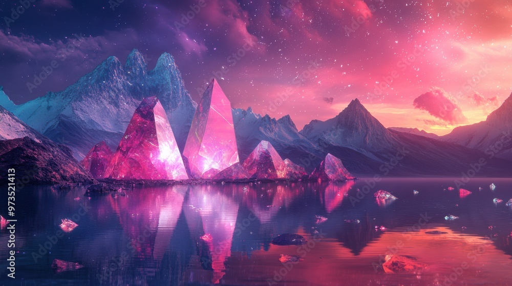 Poster abstract banner design with floating geometric shapes and sparkling crystals set in a surreal magent