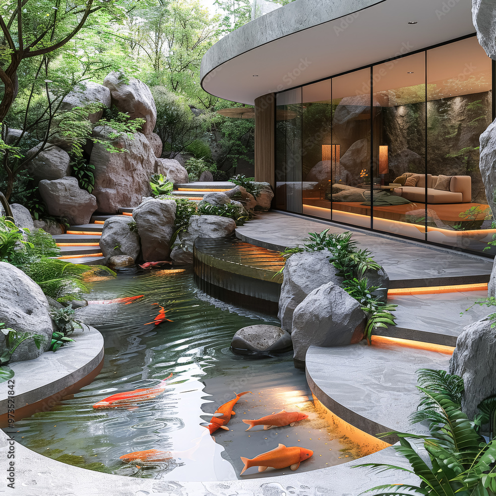 Poster a beautiful garden with a pond and a small house with a tree in front of it.
