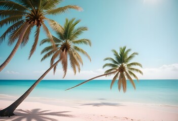 Fototapeta premium A tropical beach with a palm tree, clear blue sky, and calm turquoise waters