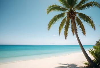 Fototapeta premium A tropical beach with a palm tree, clear blue sky, and calm turquoise waters