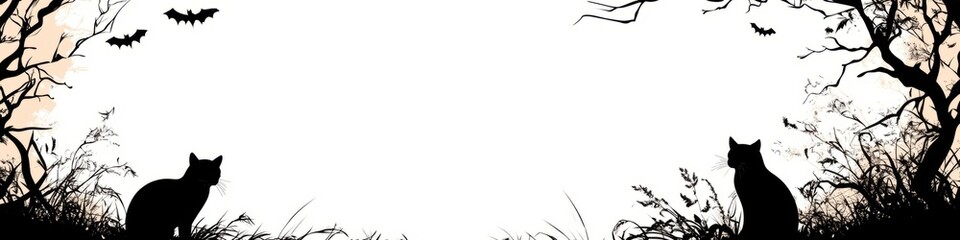 Obraz premium A Halloween frame featuring silhouettes of black cats and bats against a white background
