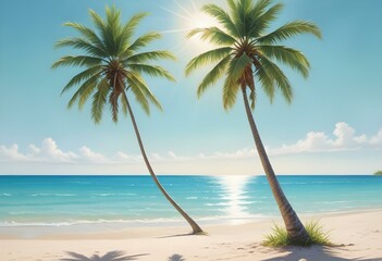 Obraz premium A tropical beach with a palm tree, clear blue sky, and calm turquoise waters