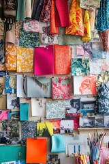 A wall covered in colorful fabric swatches and art samples.
