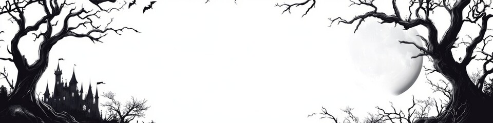 Obraz premium A spooky frame with silhouettes of haunted castles and gnarled trees under a full moon on a white background