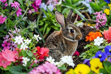 Fototapeta premium Adorable rabbit nestled among vibrant and colorful flowers in a lush garden, symbolizing the serene beauty of springtime