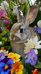 Rabbit nestled in a vibrant bed of colorful flowers, capturing the peaceful essence of nature in a spring garden