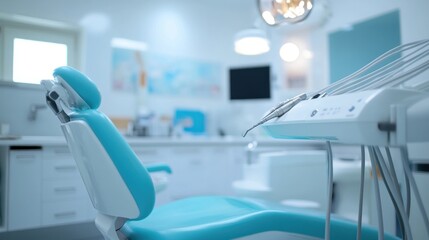 A blue dental chair with a white headrest and a white panel with dental tools.