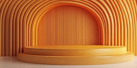 orange modern curved podium stage design with luxury wood panels wall 