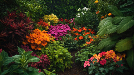 A sweeping view of a botanical garden displays an abundance of blooming flowers, their colors and textures blending into a lush and dynamic floral landscape.