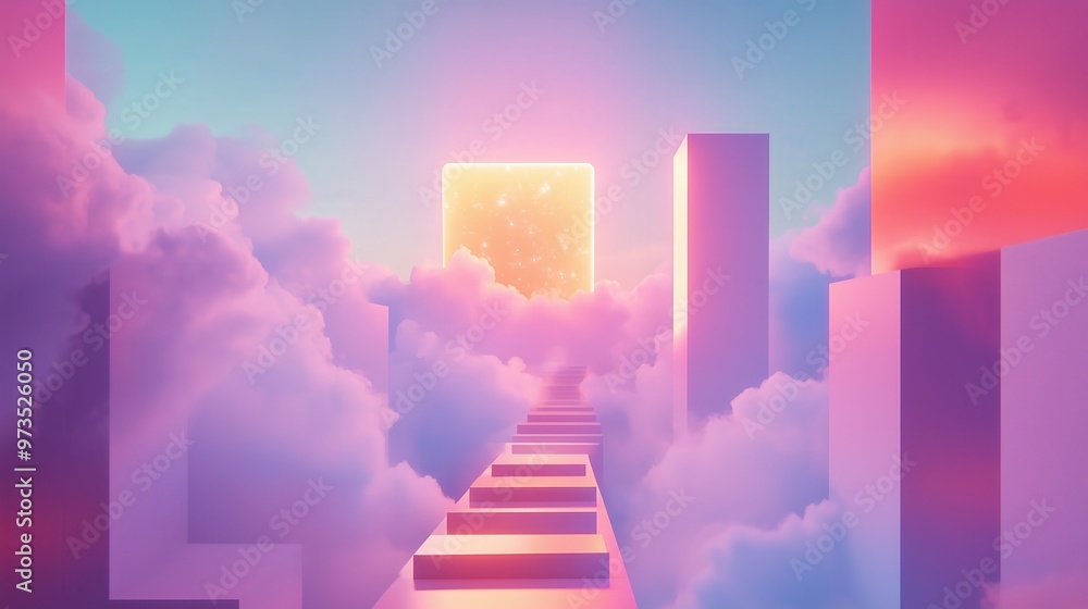 Poster a cityscape with pink clouds and a glowing square in the middle. the square is surrounded by tall bu