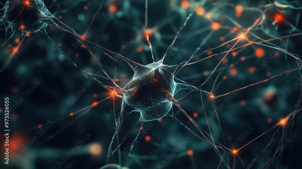 Poster a close up of a brain with many neurons. the image is in black and white and has a moody, mysterious
