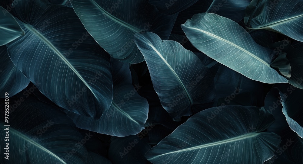 Poster a close up of green leaves with water droplets on them. the leaves are arranged in a way that create
