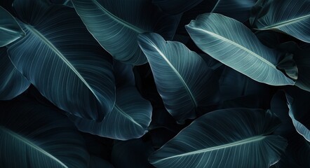Obraz premium A close up of green leaves with water droplets on them. The leaves are arranged in a way that creates a sense of depth and movement. The image conveys a feeling of tranquility and calmness