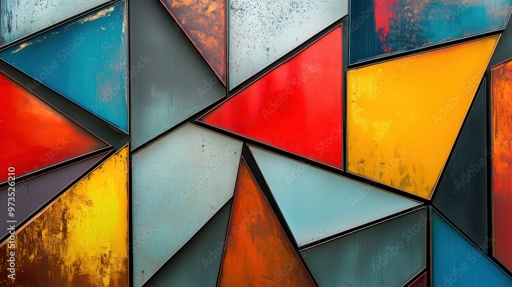 Poster a colorful collage of triangles and squares. the colors are bright and the shapes are angular. scene