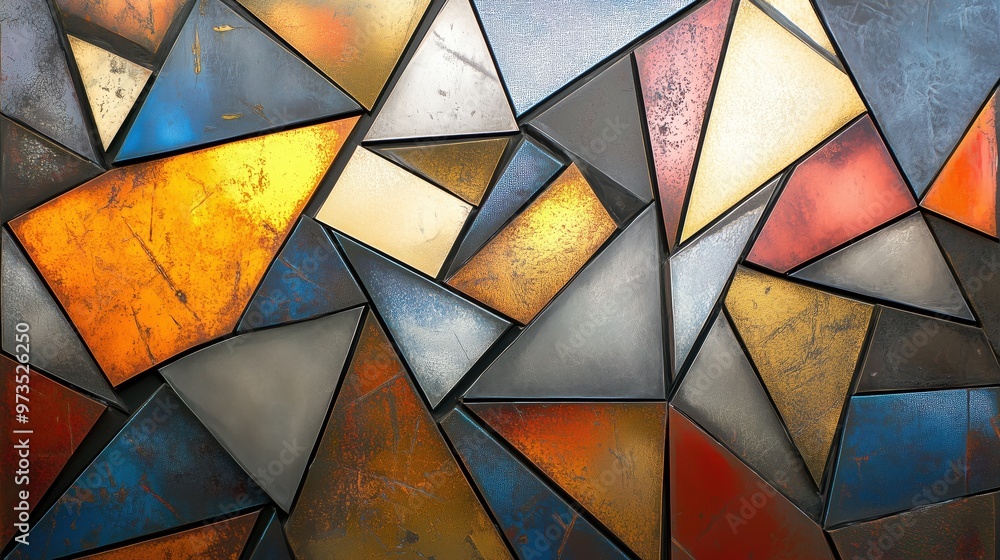 Poster a colorful mosaic of triangles and squares. the colors are bright and bold, creating a sense of ener