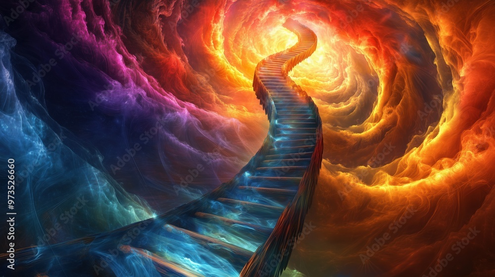 Poster a colorful spiral staircase is shown in a space with a bright orange and blue swirl. the staircase i