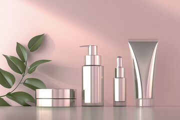 Eco-friendly Selection of Personal Skincare Products with  Greenery and Copy Space Casting Soft Shadows on a Pastel Background. Clean Beauty Concepts.