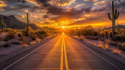 A long straight highway with yellow lines disappears into the horizon at sunset, surrounded by desert landscape.