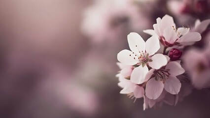 Wide soft focus website header background with delicate pink apple blossom on right hand side and plenty of copy space on left