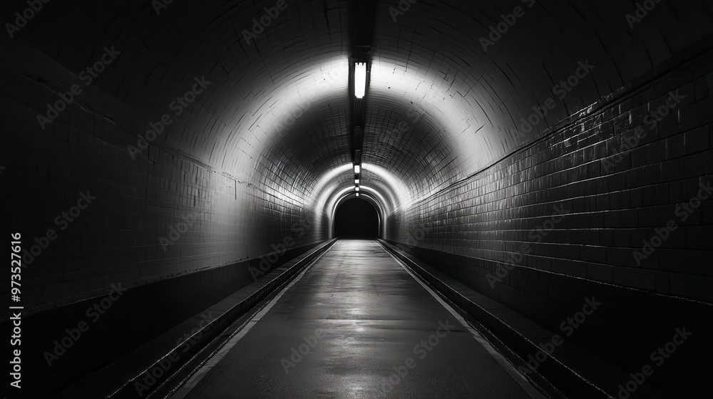 Poster a long tunnel with a light shining down on it. the tunnel is dark and empty