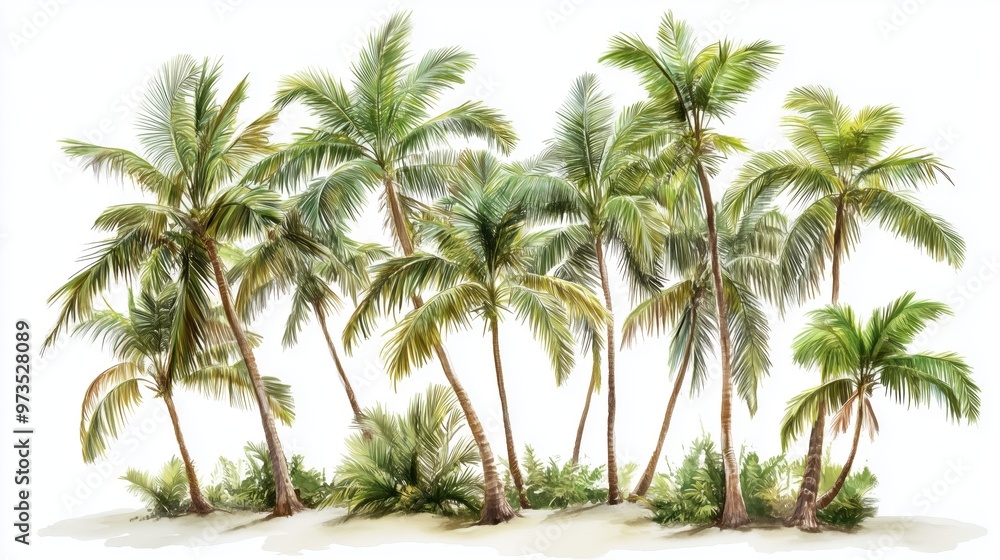 Poster a row of palm trees with a white background. the trees are all different sizes and are spread out