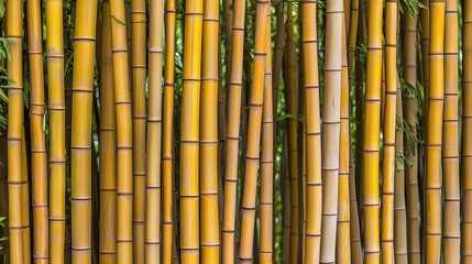 A row of bamboo sticks are shown in a forest setting. The bamboo is tall and slender, with a brownish hue. Concept of tranquility and natural beauty, as the bamboo stands tall
