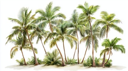A row of palm trees with a white background. The trees are all different sizes and are spread out