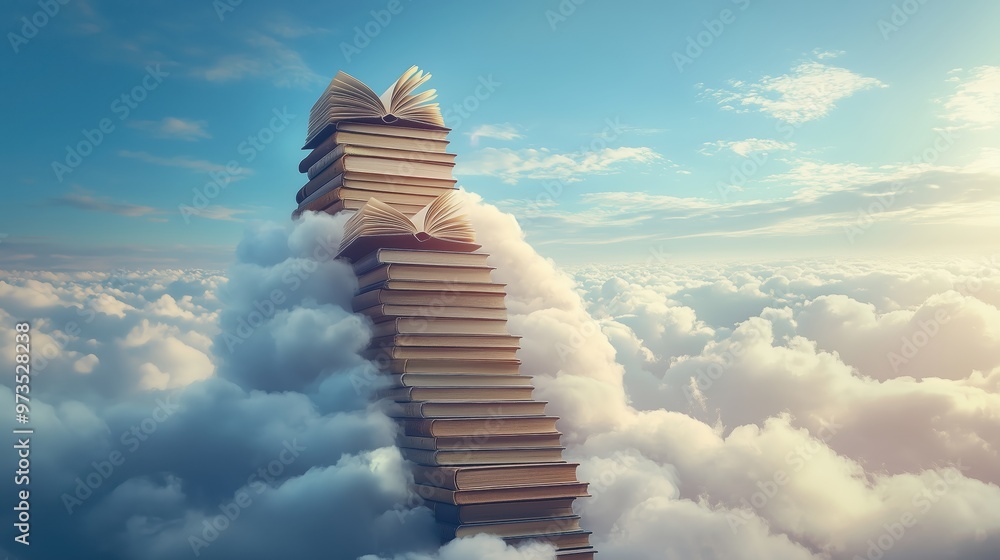 Poster A stack of books is on top of a stack of books, and the top book is open. The scene is set in the sky, with clouds and a bright sun. Scene is whimsical and imaginative