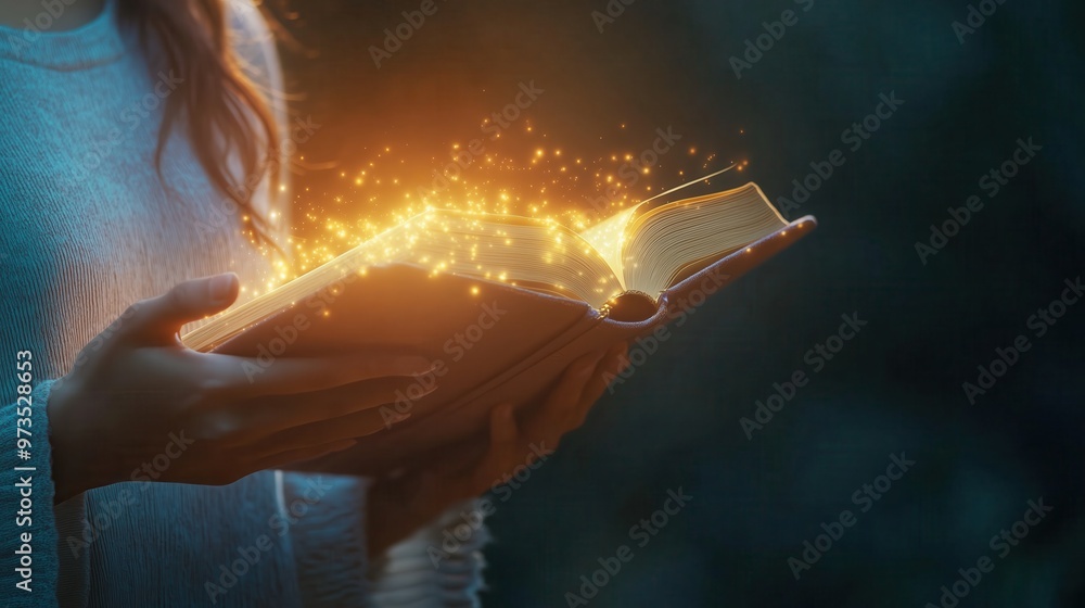 Aufkleber a woman is holding an open book with a glowing light inside. the book is illuminated by a light sour